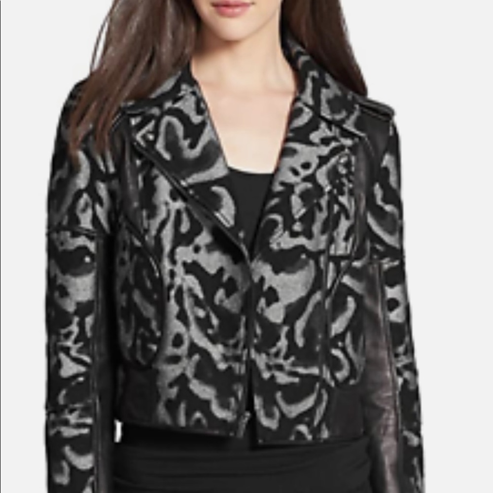 Authentic DVF Diane Von Furstenberg Leopard Print Moto, Wool/Leather Jacket, 6.